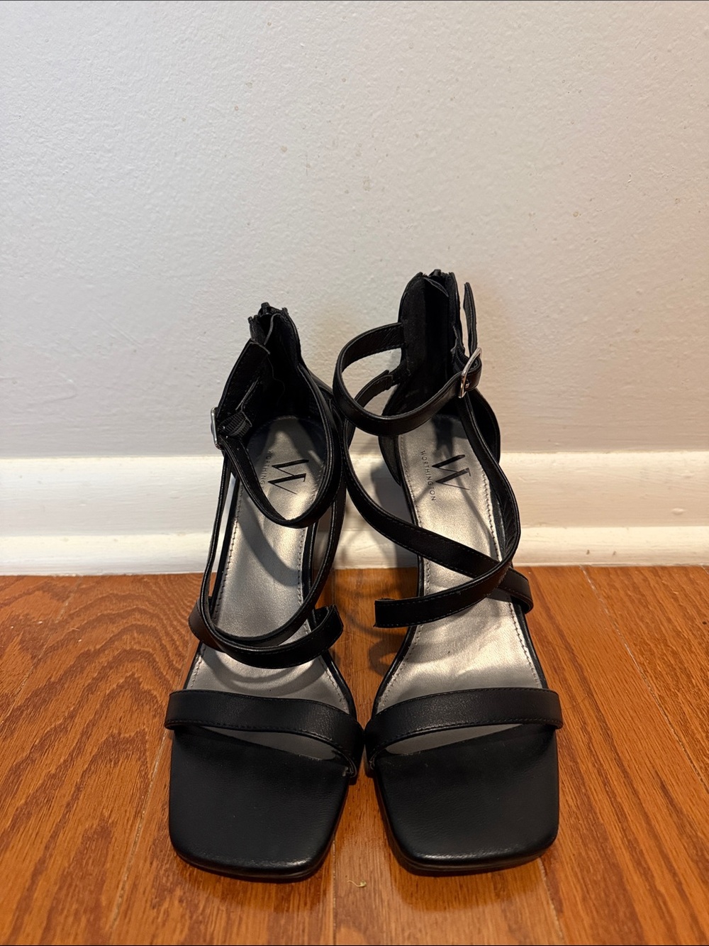 Worthington Black Strappy Square-Toe Heeled Sandals, size 6